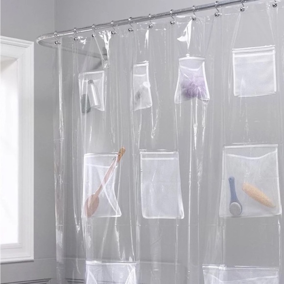 Bathroom Waterproof PEVA Clear Shower Curtain With Mesh Pockets - Picture 2 of 10